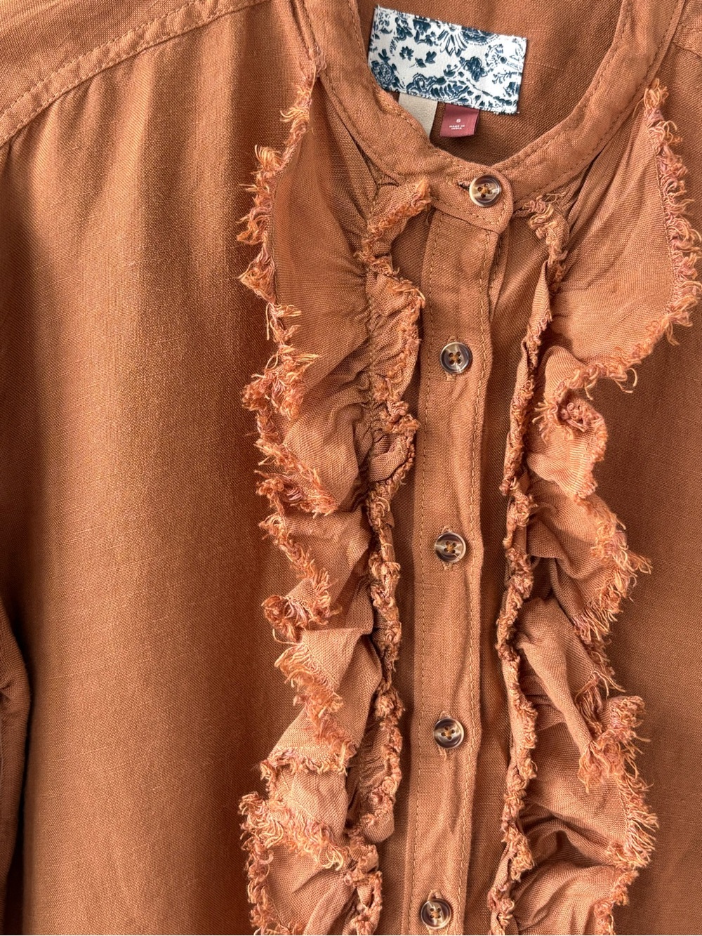 Pilcro Anthropologie Ruffle Fringe Blouse Burnt Orange Linen Size Small - Picture 2 of 8